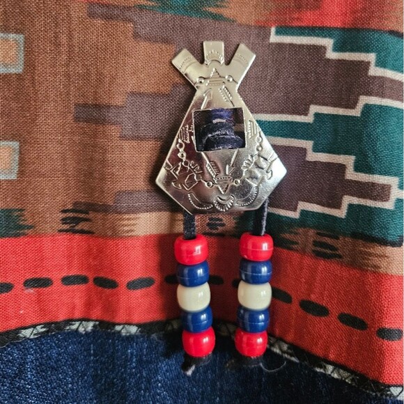 Vintage Red and Denim Western Tribal Beaded Concho Open Front Sweater Size L - Picture 6 of 9